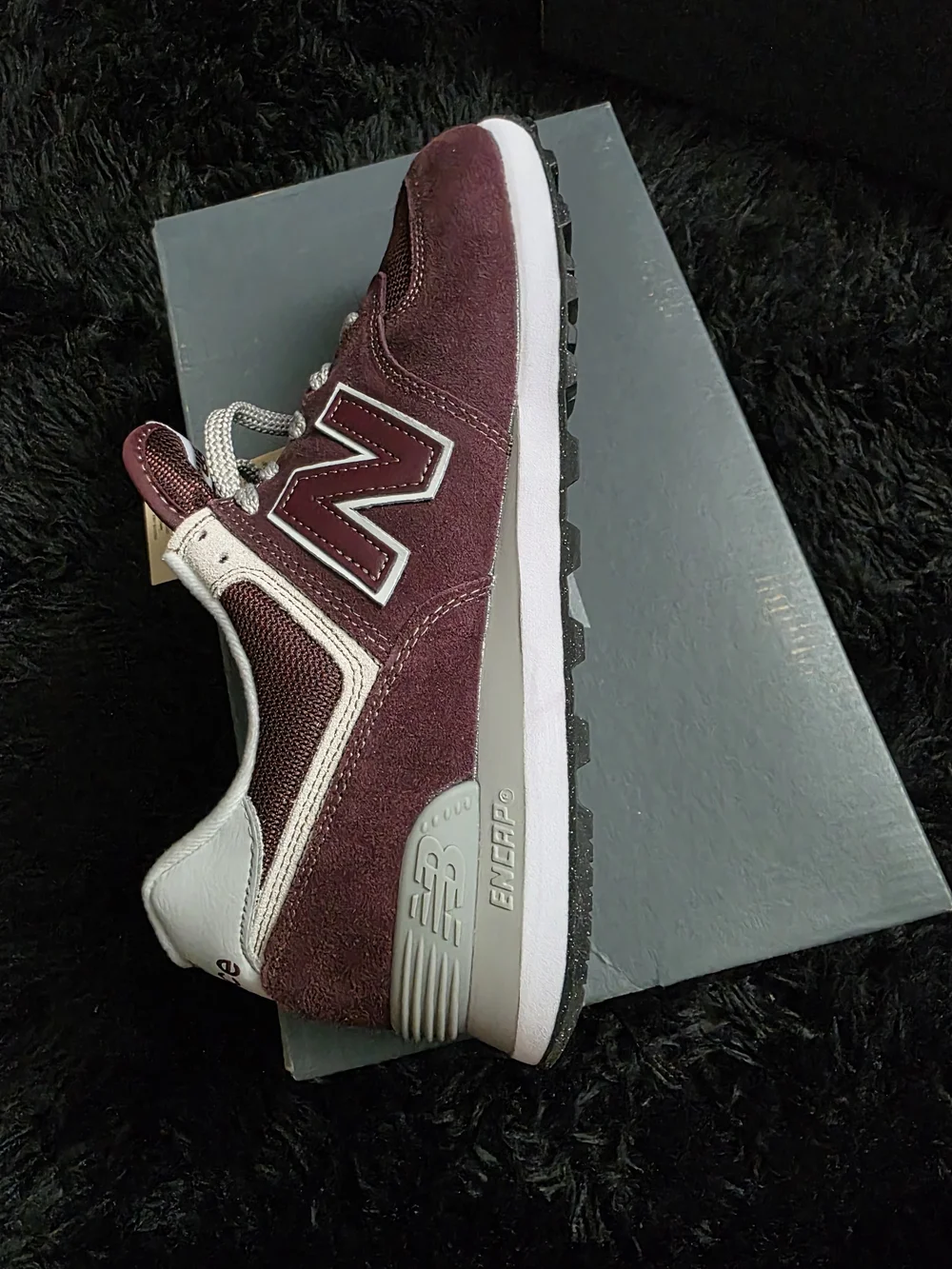 New Balance Burgundy & White Suede Sneaker (Rear View)